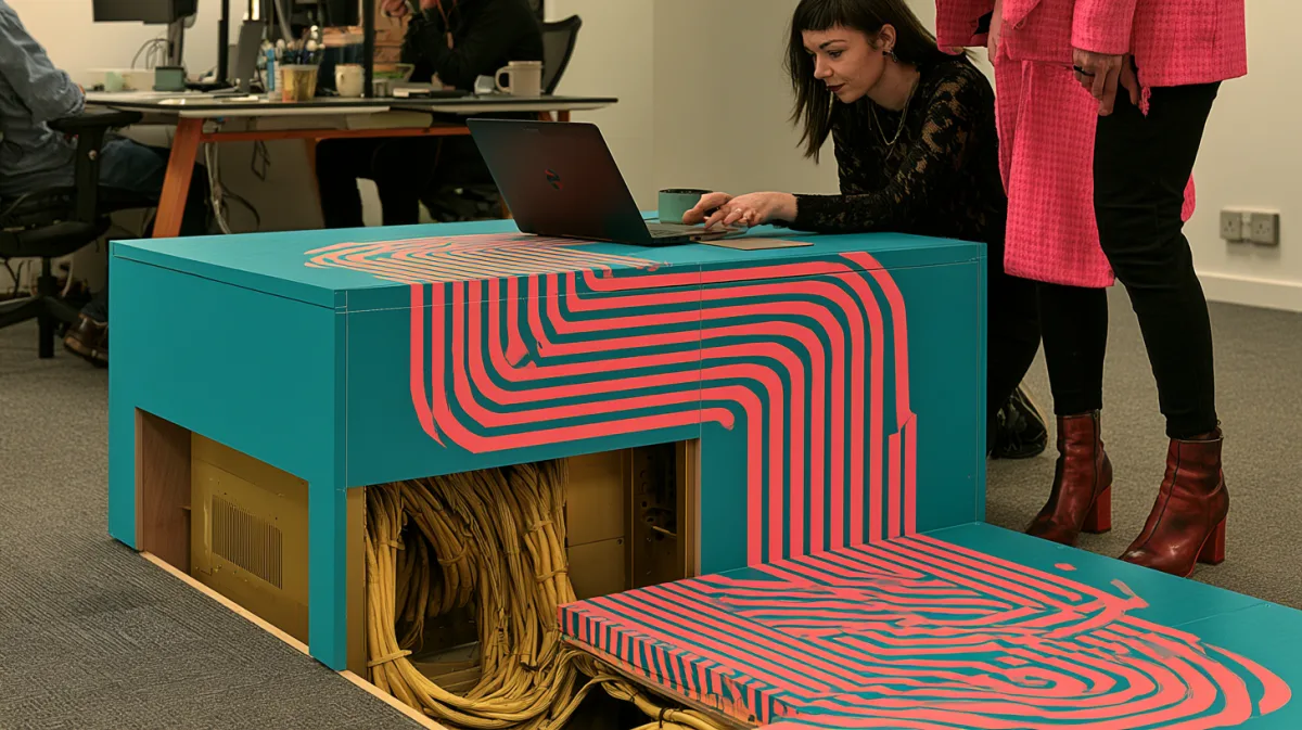 A raised floor tile lifted in an office, cabling visible in the void beneath, two people working at a laptop above it