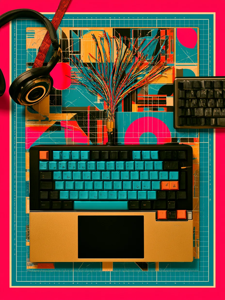 Overhead print showing a keyboard, headphones and a fanned-out ribbon of network cable laid on a cutting mat