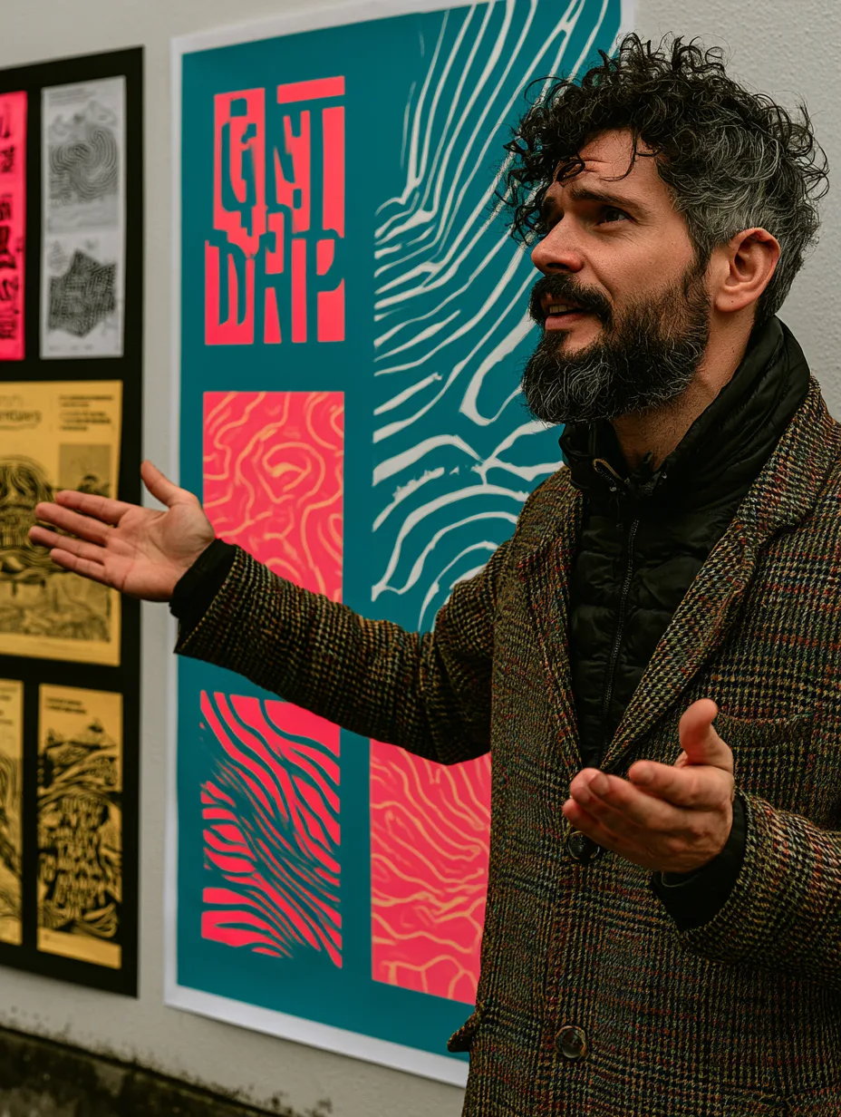 A member of the studio mid-explanation, turned half away from a wall of printed diagrams